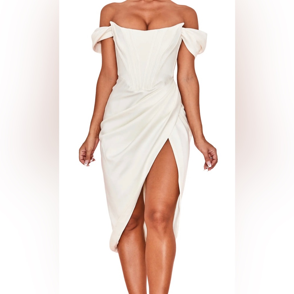 Off the Shoulder White Satin Corset Dress